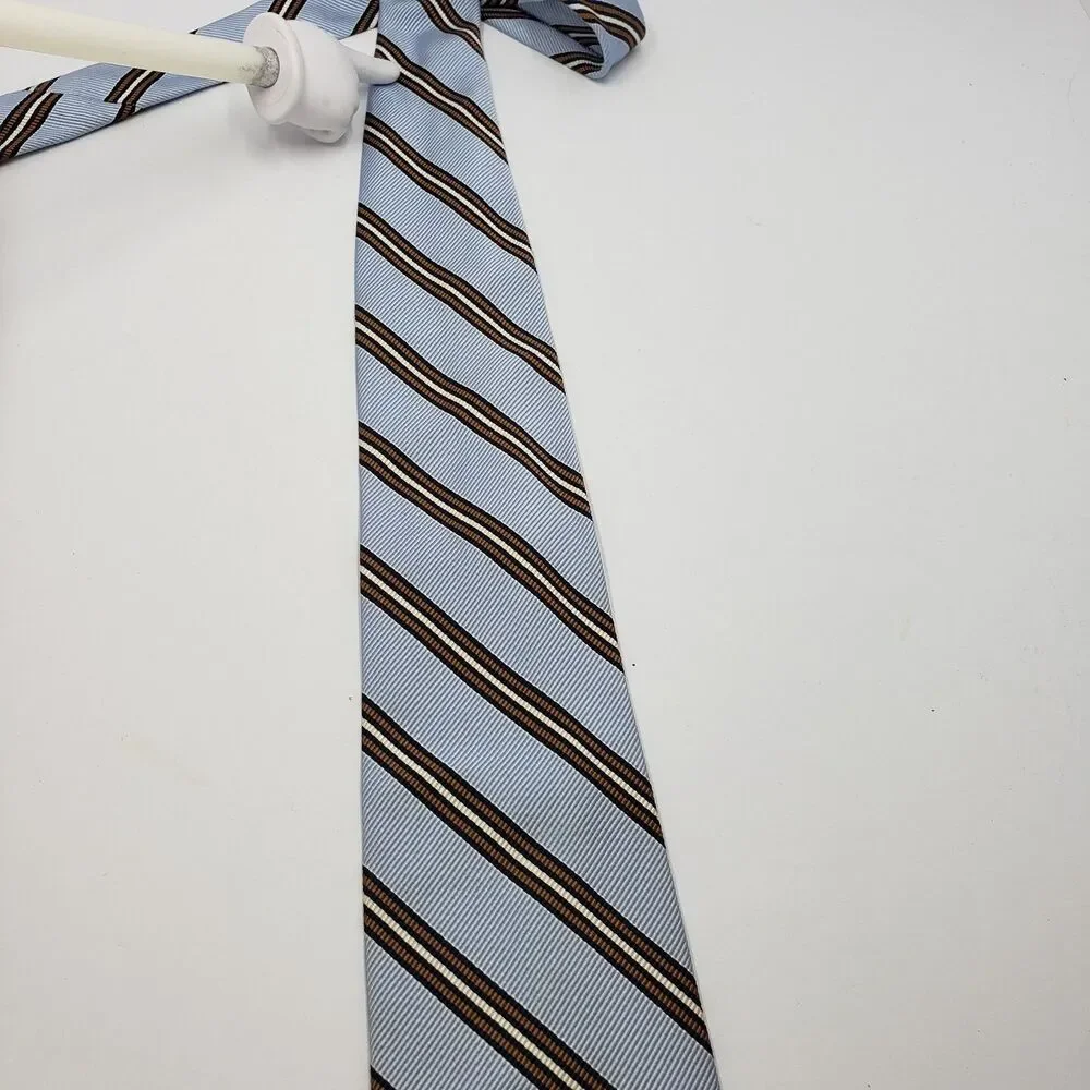 Breuer Silk Blend Tie Made In France Light Blue Brown Striped Cotton Necktie Lux